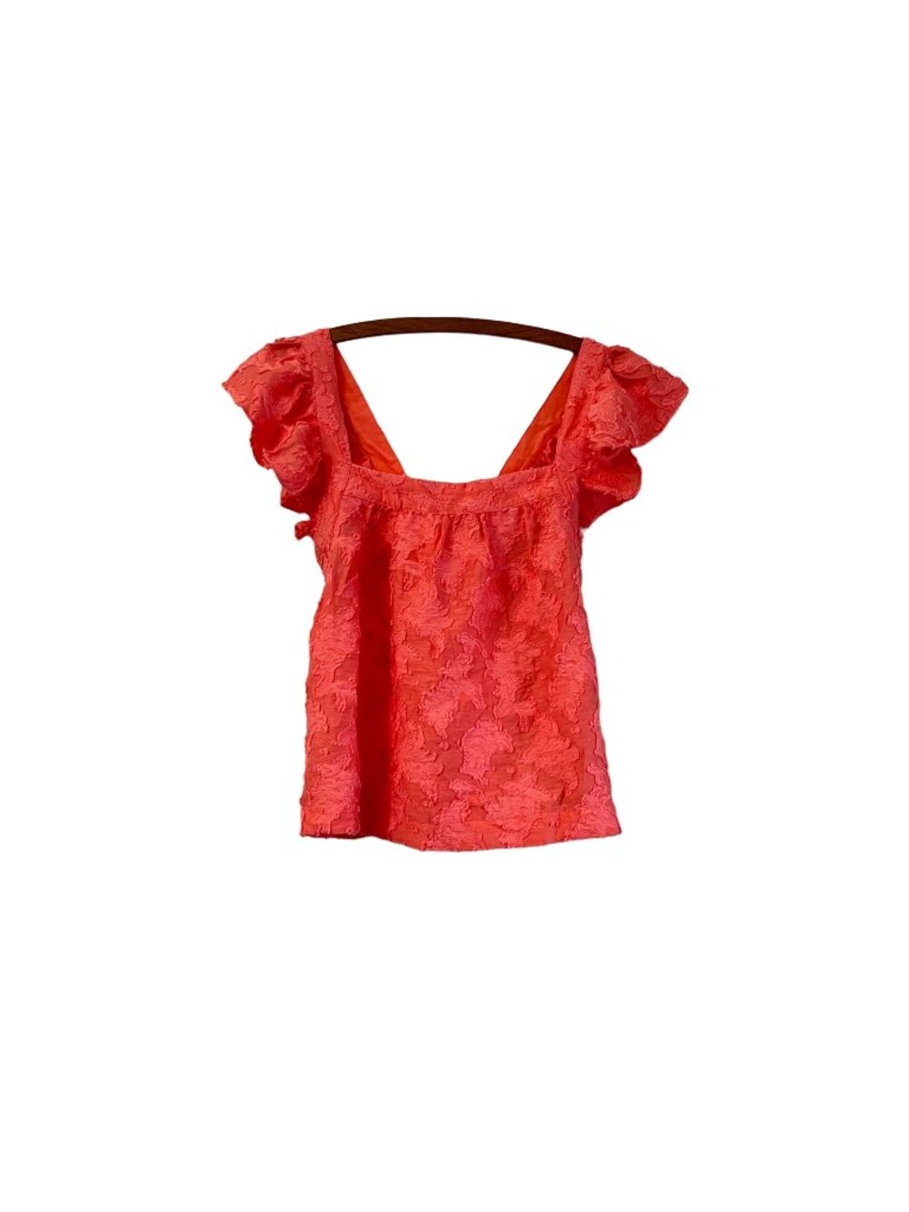 By Anthropologie Womens Coral Pink Floral Textured Flutter Sleeve Blouse Size M